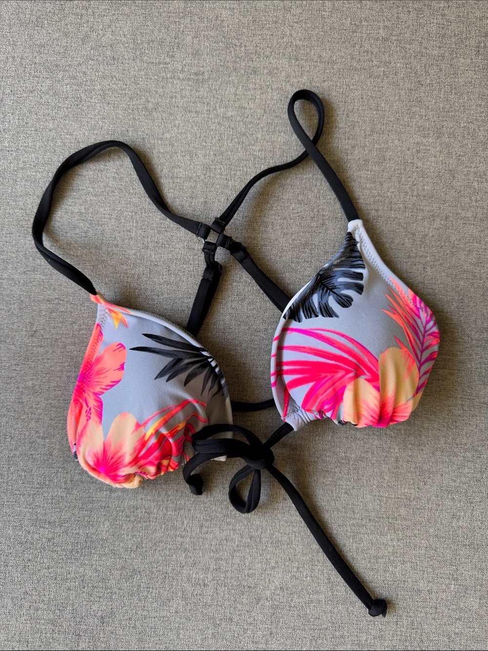 White Triangle Bikini Top with Pink Floral Trim